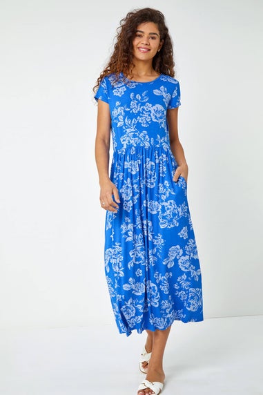 Roman Blue Floral Print Midi Stretch Dress
