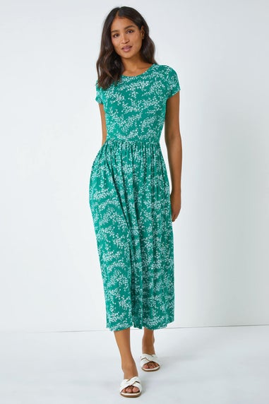 Roman Green Ditsy Gathered Skirt Stretch Midi Dress