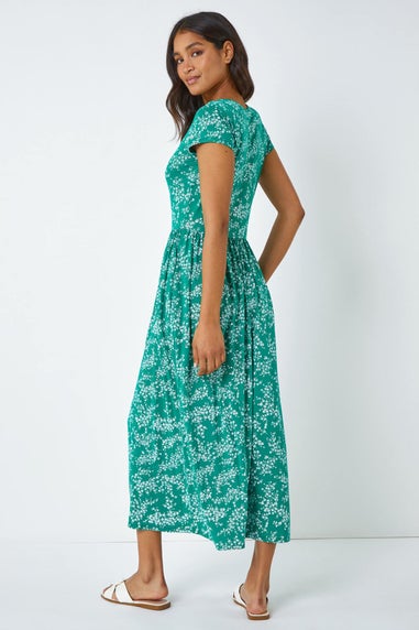 Roman Green Ditsy Gathered Skirt Stretch Midi Dress