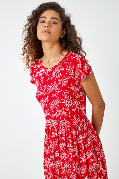 Roman Red Ditsy Gathered Skirt Stretch Midi Dress