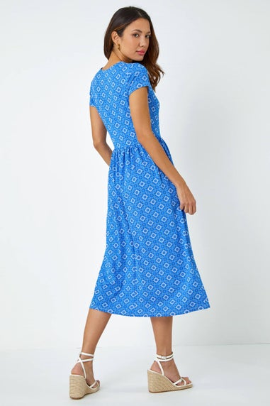 Roman Royal Blue Tile Print Midi Stretch Dress