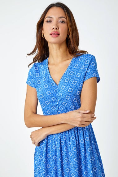 Roman Royal Blue Tile Print Midi Stretch Dress