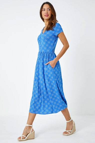 Roman Royal Blue Tile Print Midi Stretch Dress