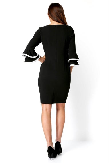 Roman Black Double Fluted 3/4 Length Sleeve Shift Dress