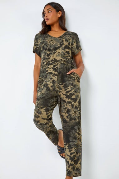 Roman Khaki Tie Dye Pocket Stretch Jumpsuit