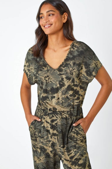 Roman Khaki Tie Dye Pocket Stretch Jumpsuit