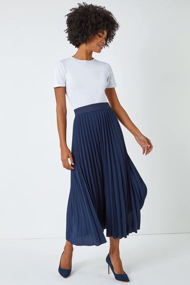 Roman Navy Pleated Elastic Waist Maxi Stretch Skirt