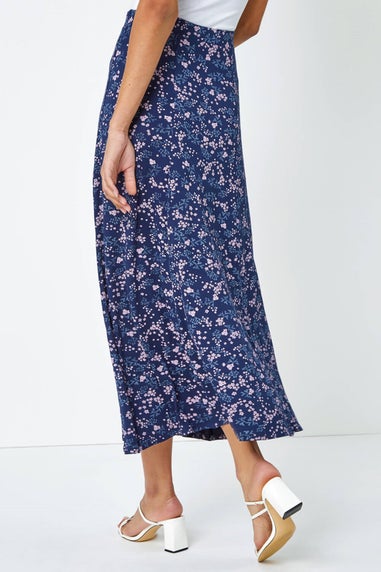 Roman Navy Floral Print Elastic Waist Midi Stretch Skirt