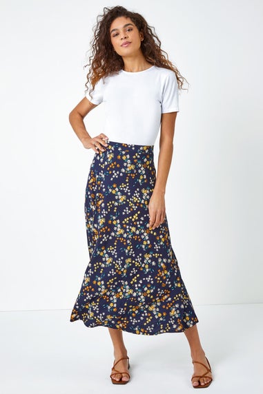 Roman Navy Ditsy Floral Print Elastic Waist Midi Skirt