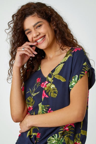 Roman Pink Floral Palm Print V-Neck Twist Top