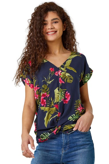 Roman Pink Floral Palm Print Twist Top