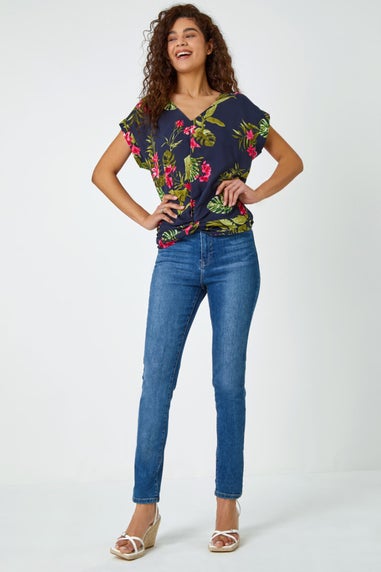 Roman Pink Floral Palm Print V-Neck Twist Top