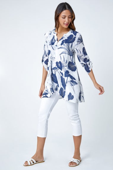 Roman Navy Palm Print V-Neck Wrap Hem Tunic Top