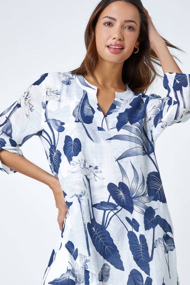 Roman Navy Palm Print V-Neck Wrap Hem Tunic Top