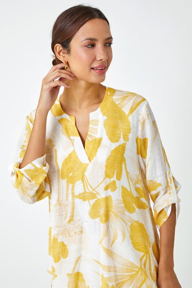 Roman Yellow Palm Print V-Neck Wrap Hem Tunic Top