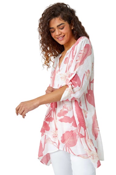 Roman Coral Palm Print V-Neck Wrap Hem Tunic Top