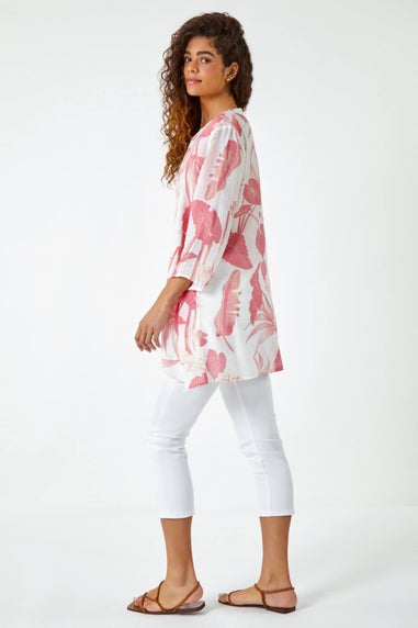 Roman Coral Palm Print V-Neck Wrap Hem Tunic Top