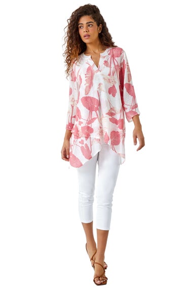 Roman Coral Palm Print V-Neck Wrap Hem Tunic Top