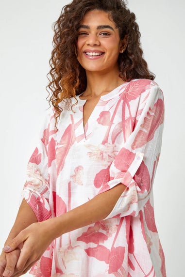 Roman Coral Palm Print V-Neck Wrap Hem Tunic Top