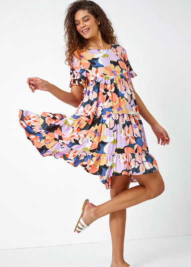 Roman Coral Floral Print Frill Hem Dress