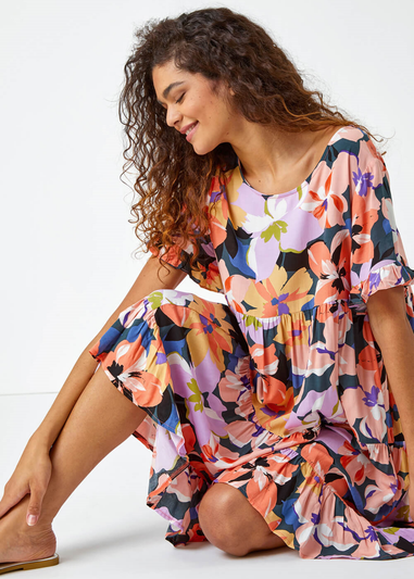 Roman Coral Floral Print Frill Hem Dress