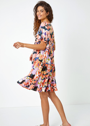 Roman Coral Floral Print Frill Hem Dress