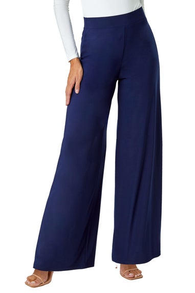 Roman Navy Elastic Waist Wide Leg Stretch Trousers