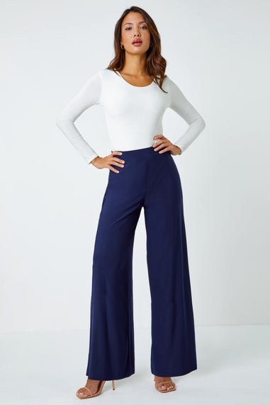 Roman Navy Elastic Waist Wide Leg Stretch Trousers