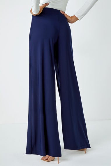 Roman Navy Elastic Waist Wide Leg Stretch Trousers