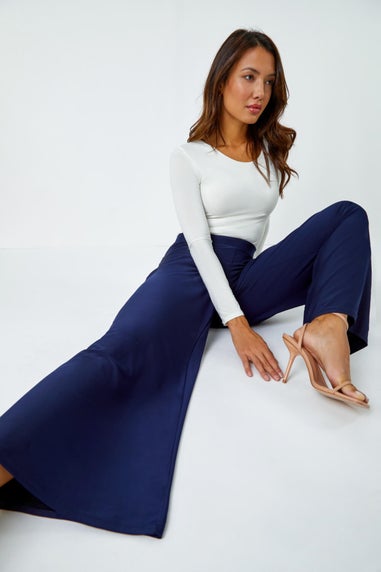 Roman Navy Elastic Waist Wide Leg Stretch Trousers