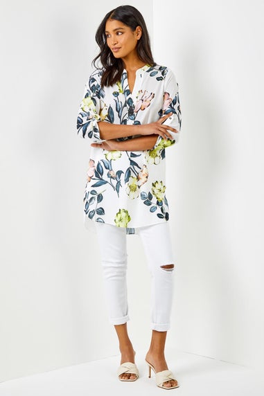 Roman Ivory V-Neck Longline Button Detail Floral Tunic Top