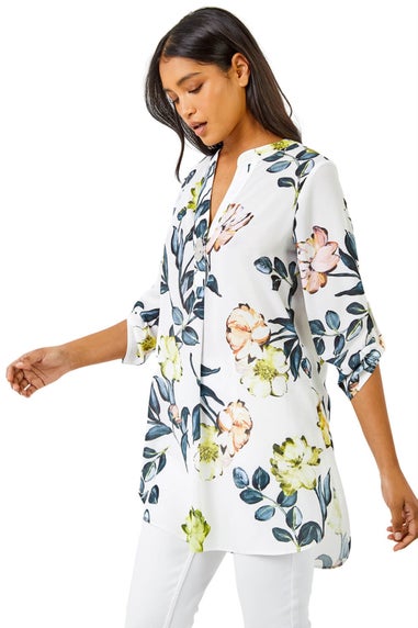 Roman Ivory V-Neck Longline Button Detail Floral Tunic Top