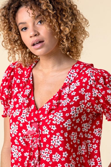 Roman Red Floral Print V-Neck Frill Detail Blouse