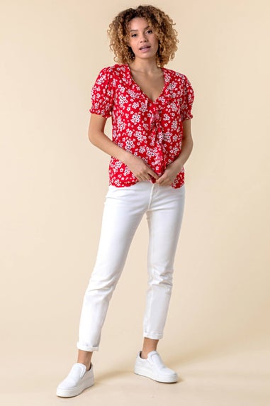 Roman Red Floral Print V-Neck Frill Detail Blouse
