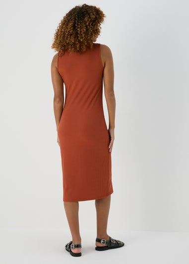 Rust Knot Strap Ribbed Sleeveless Dress