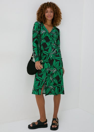 Green Floral Print Jersey Wrap Dress