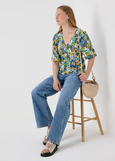 Multicolour Floral V Neck Empire Seam Top