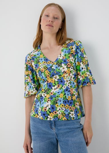 Multicolour Floral V Neck Empire Seam Top