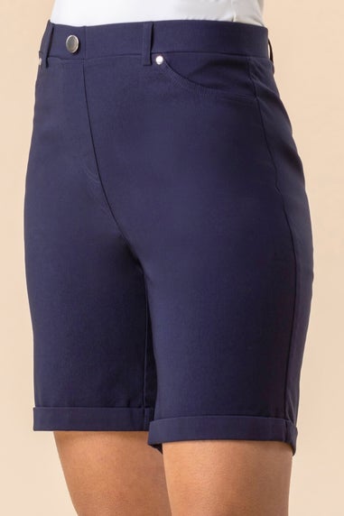 Roman Navy Elastic Waist Turn Up Stretch Shorts