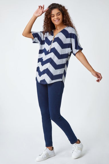 Roman Navy Zip Front V-Neck Zig Zag Top