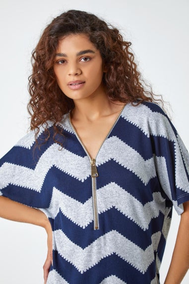 Roman Navy Zip Front V-Neck Zig Zag Top