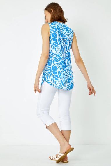 Roman Blue Sleeveless Linear Print V-Neck Tunic Top