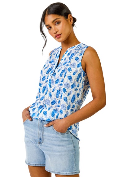 Roman Blue Burnout Animal Spot Print V-Neck Top