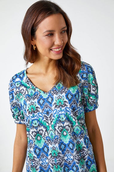 Roman Green Aztec Burnout Print V-Neck Blouson Hem Top