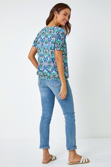 Roman Green Aztec Burnout Print V-Neck Blouson Hem Top