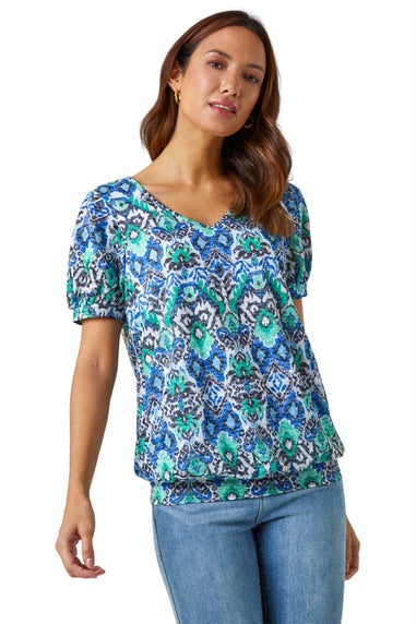 Roman Green Aztec Burnout Print V-Neck Blouson Hem Top