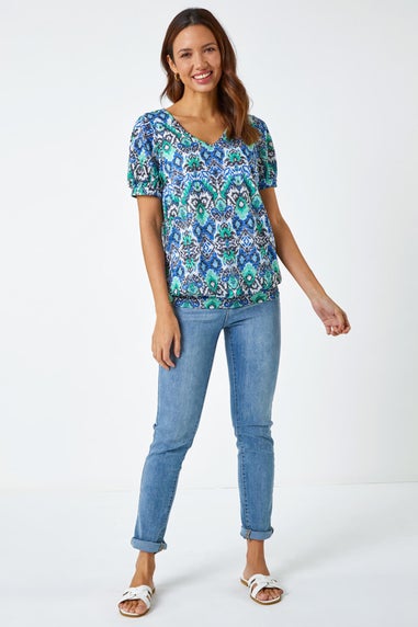 Roman Green Aztec Burnout Print V-Neck Blouson Hem Top