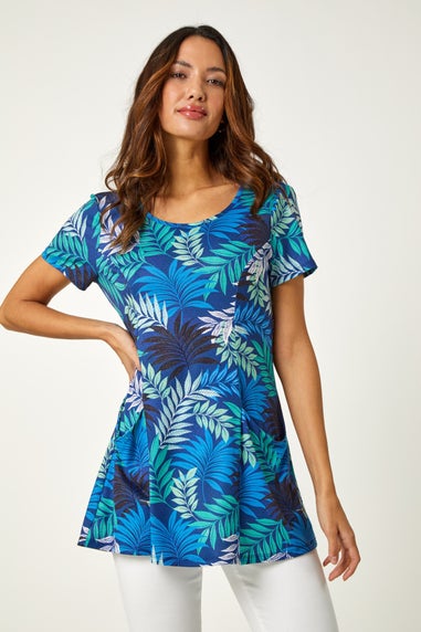 Roman Blue Palm Print Pocket Stretch Tunic Top