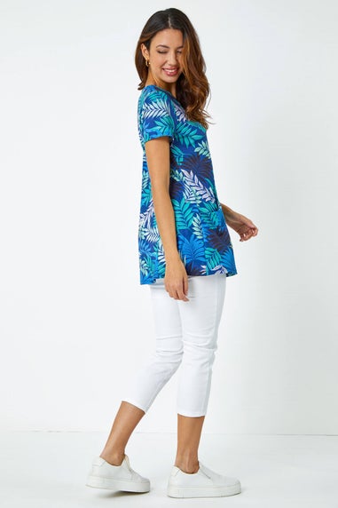 Roman Blue Palm Print Pocket Stretch Tunic Top