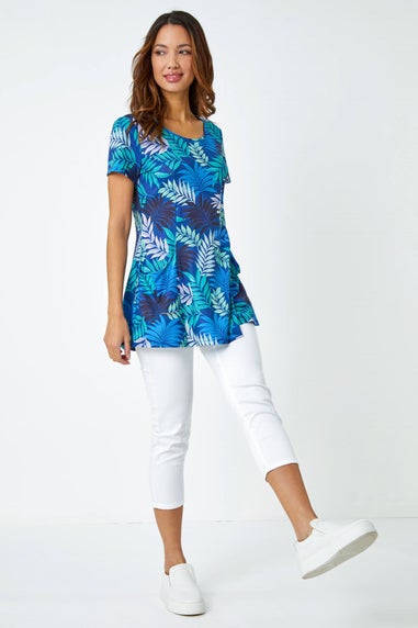 Roman Blue Palm Print Pocket Stretch Tunic Top